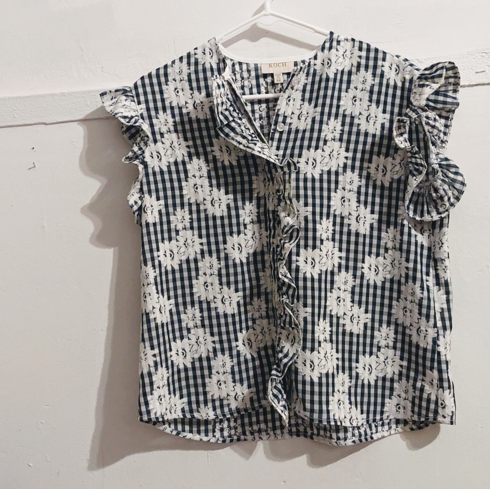 Koch Gingham Floral Palm Flutter Sleeve Top XS